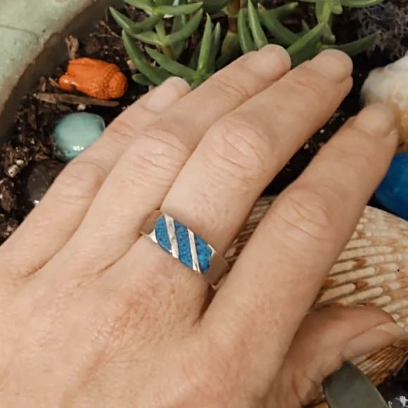 Vintage Mexican Sterling Silver & Turquoise Ring & Bracelet Set - Picture 5 of 11